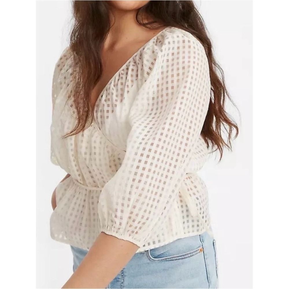Levis Delilah Peplum Wrap Top Blouse 3/4 balloon Sleeve Tie Waist Small Sheer